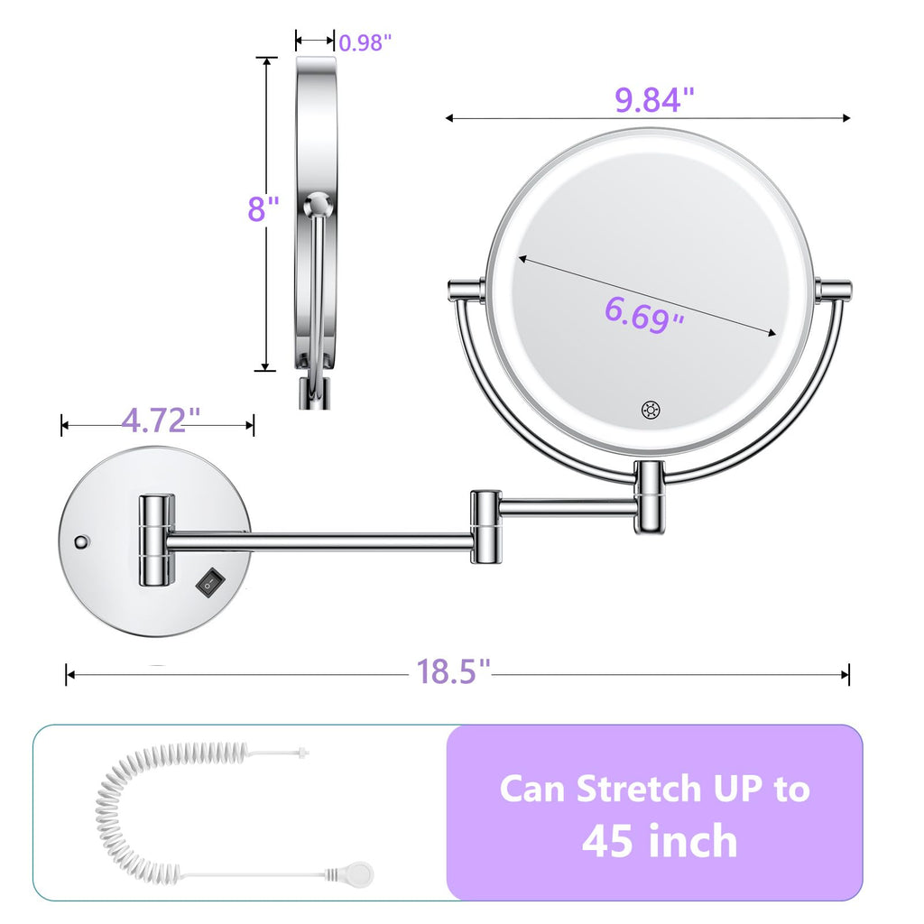 FASCINATE Wall Mounted Lighted Makeup Mirror — 30X/1X Magnification, 3 Color Modes, Dimmable, 360° Swivel