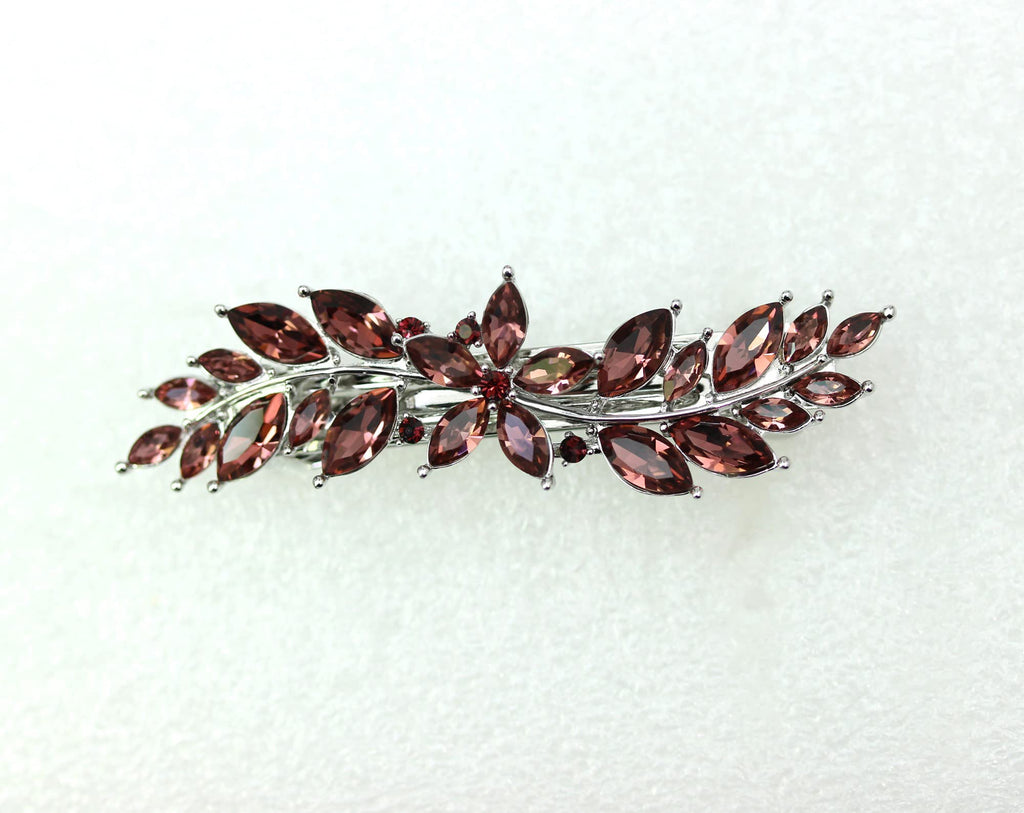 Faship Burgundy Rhinestone Floral Hair Barrette Clip | Crystal Hair Jewelry