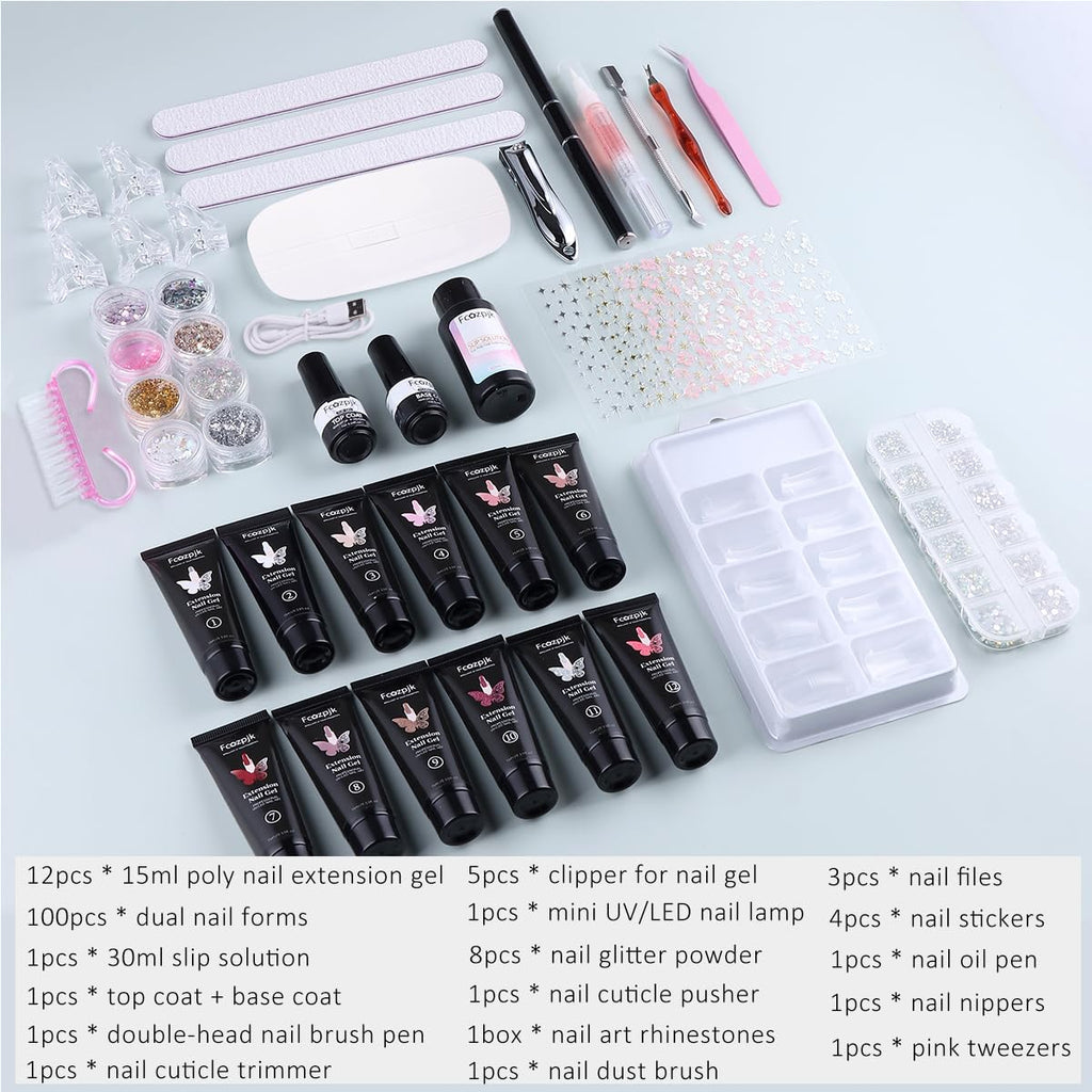 Fcozpjk Poly Gel Nail Kit with UV Lamp – 12 Colors Builder Gel for Beginners
