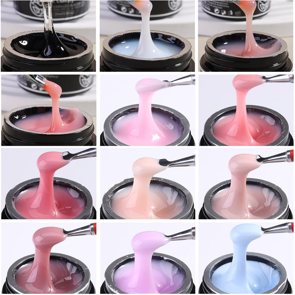 Fcozpjk Builder Gel for Nails - 12 Colors 15ML UV/LED Thickening Kit with Brush Pen & Dual Forms