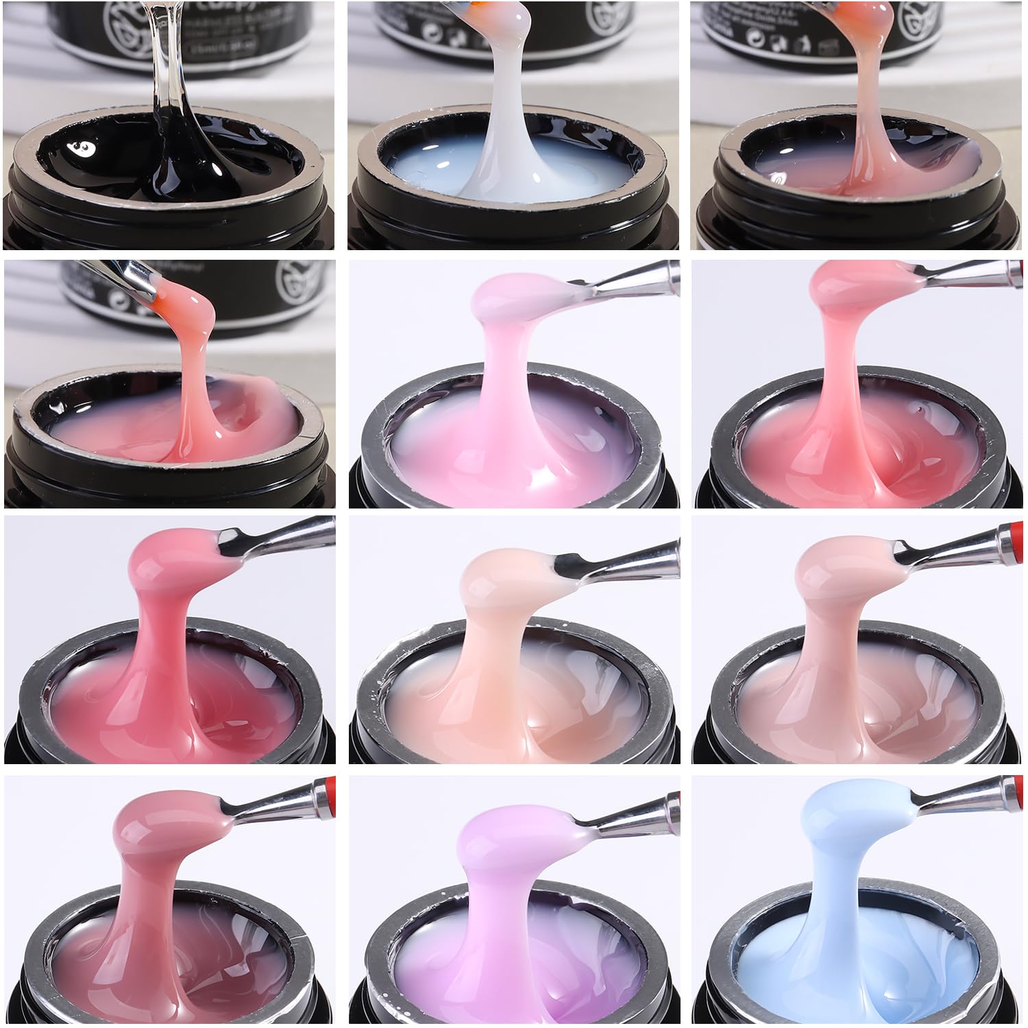 Fcozpjk Builder Gel for Nails - 12 Colors 15ML UV/LED Thickening Kit with Brush Pen & Dual Forms