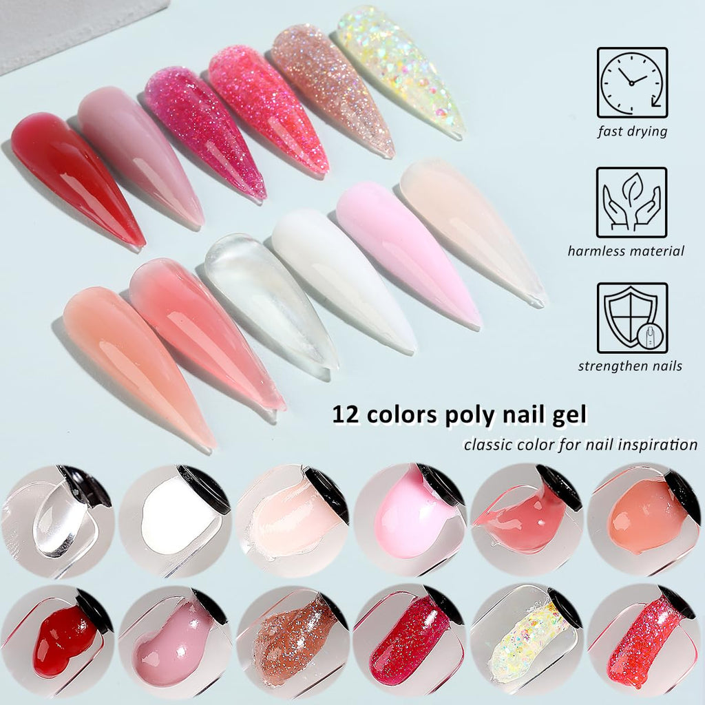 Fcozpjk Poly Gel Nail Kit with UV Lamp – 12 Colors Builder Gel for Beginners