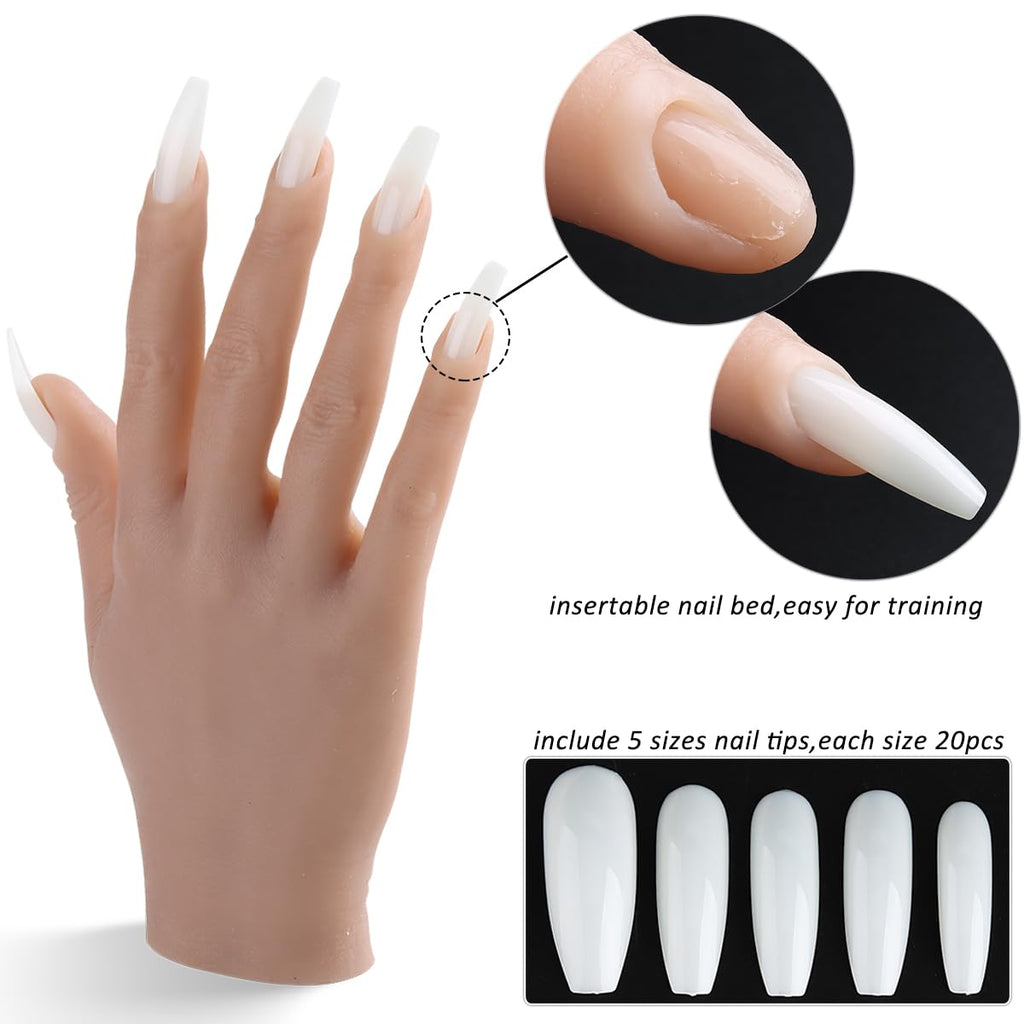 Fcozpjk Silicone Practice Hand for Nail Art – Soft, Flexible Fingers & 100 Tips Kit
