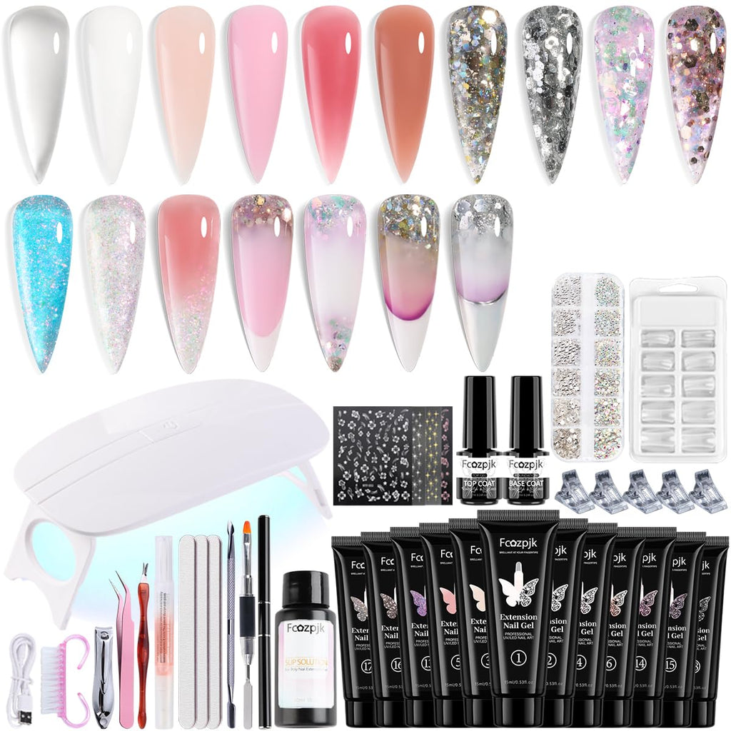 Fcozpjk Poly Nail Gel Kit with UV Light | 12 Colors Starter Set for Beginners