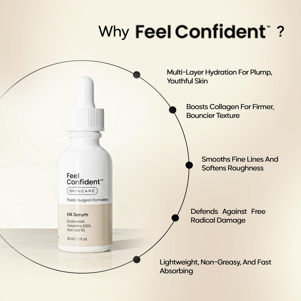 Feel Confident Hyaluronic Acid Serum – Triple HA Complex for Deep Hydration & Plump Skin | All Skin Types | 1 fl oz