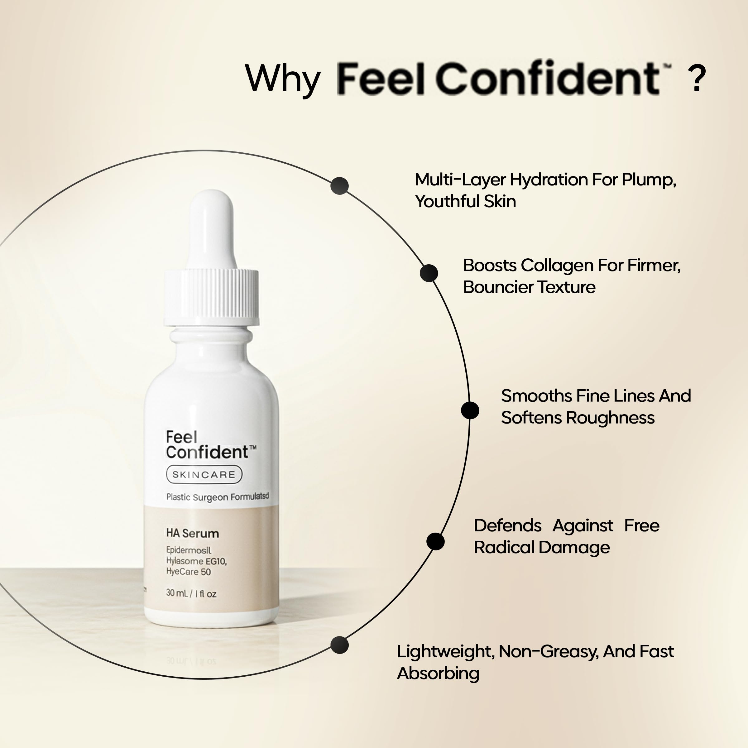Feel Confident Hyaluronic Acid Serum – Triple HA Complex for Deep Hydration & Plump Skin | All Skin Types | 1 fl oz