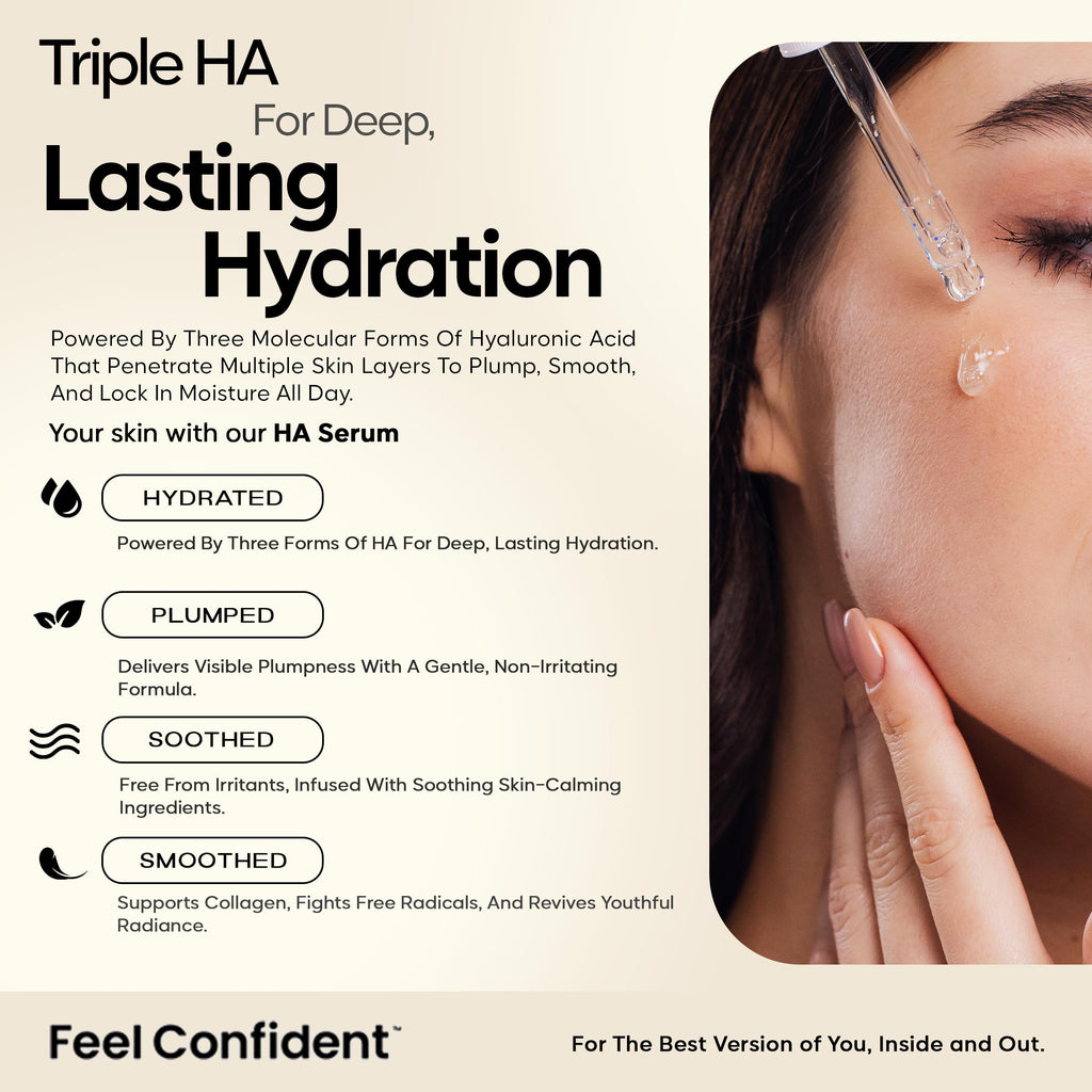 Feel Confident Hyaluronic Acid Serum – Triple HA Complex for Deep Hydration & Plump Skin | All Skin Types | 1 fl oz