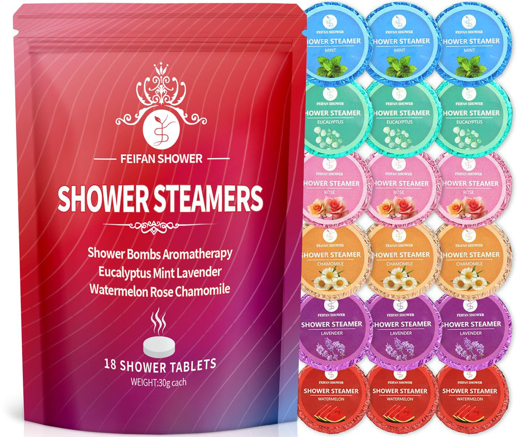 FEIFAN SHOWER Shower Steamers – 18-Pack Aromatherapy Gift Set (Lavender, Eucalyptus, Mint, Watermelon, Chamomile, Rose)