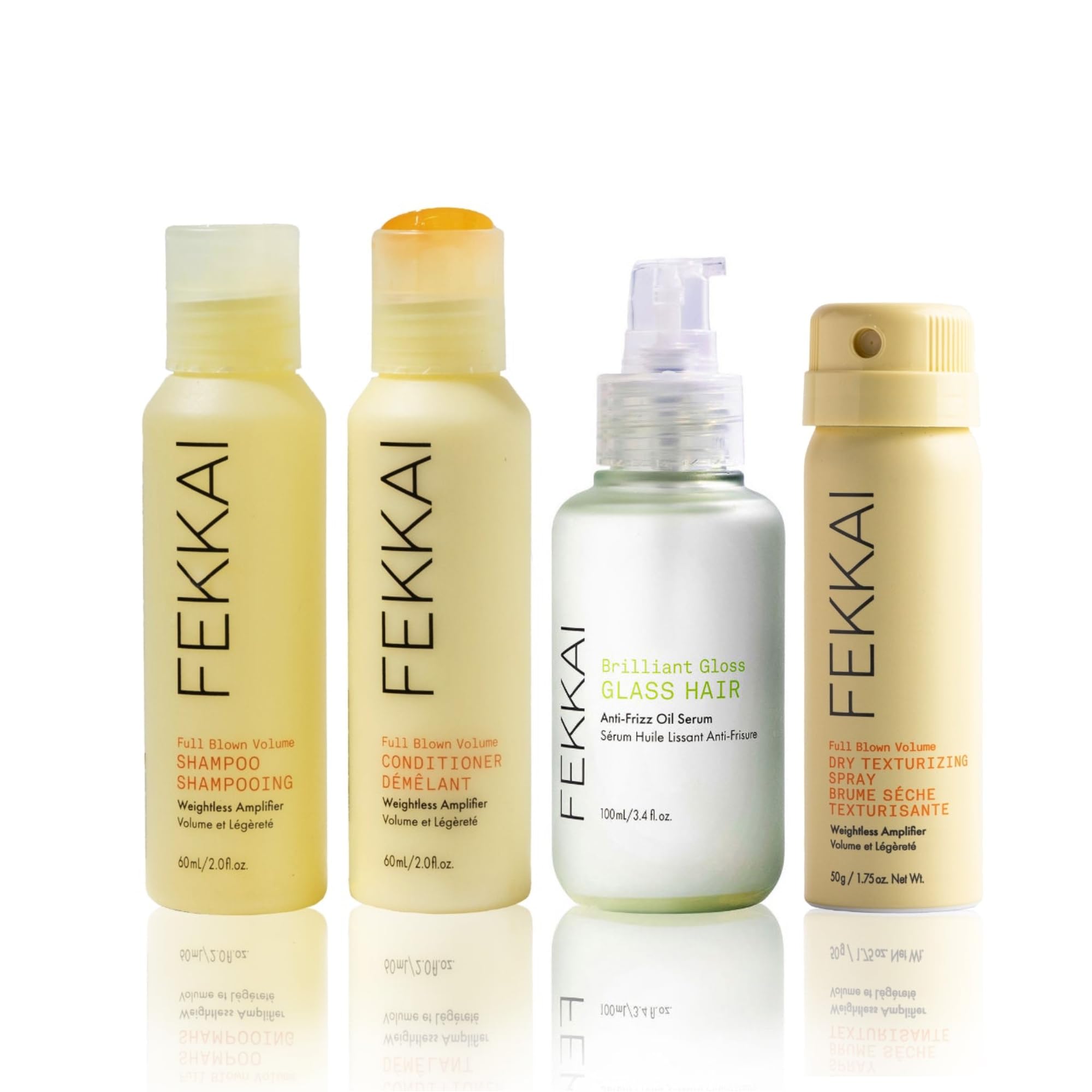 FEKKAI Brilliant Gloss Travel Bundle | Full Blown Volume Shampoo & Conditioner, Glass Hair Oil Serum & Texturizer