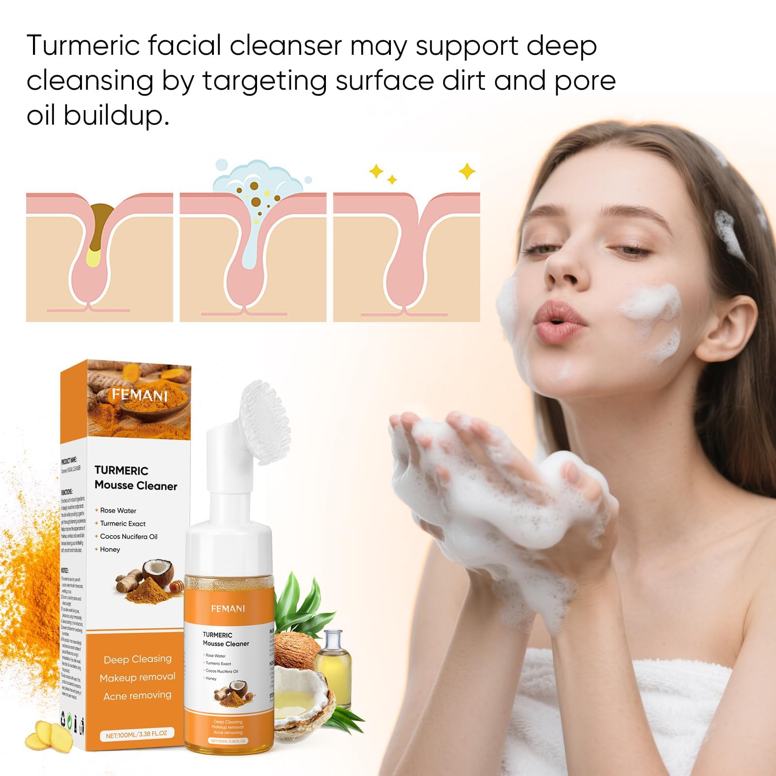 Femani Turmeric Cleansing Set – 50 Pads, Soap Bar & Face Wash with Brush