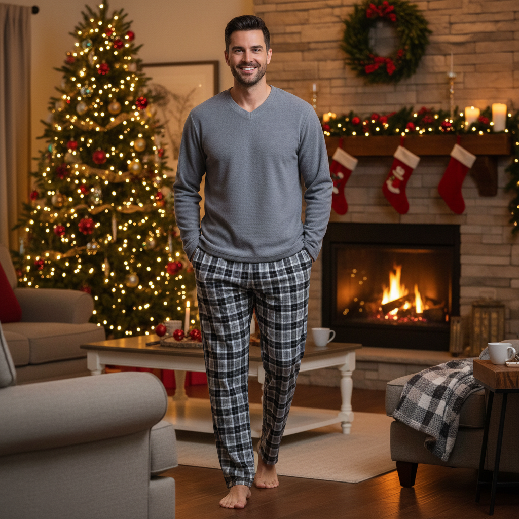 Men's Fleece Pajama Sets: Experience Unmatched Comfort with Our Cozy Grey Top and Black Cotton Bottoms