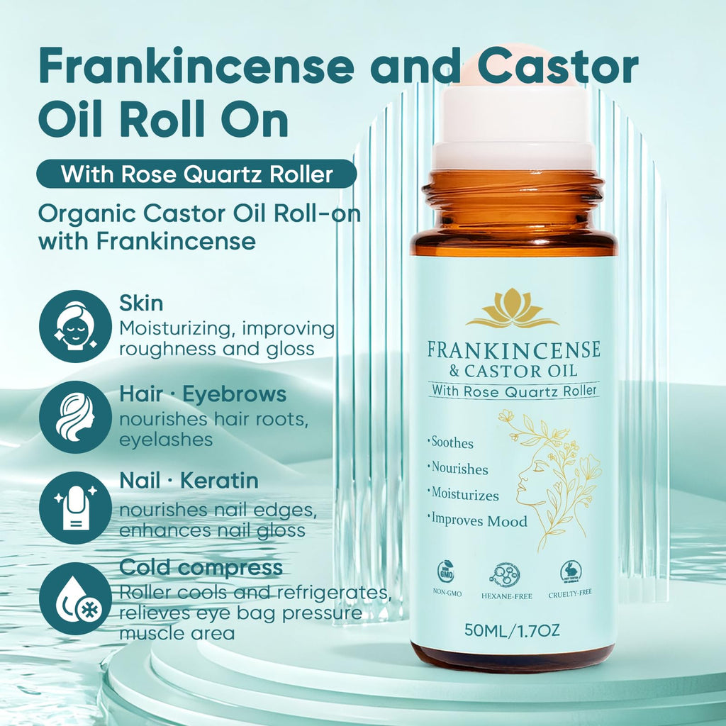 Fibosara Frankincense & Castor Oil Roll-On with Rose Quartz – Organic, Hydrating, Skin-Firming (50 ml)