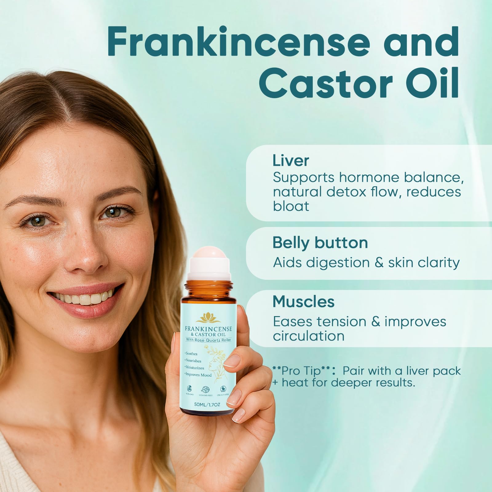 Fibosara Frankincense & Castor Oil Roll-On with Rose Quartz – Organic, Hydrating, Skin-Firming (50 ml)