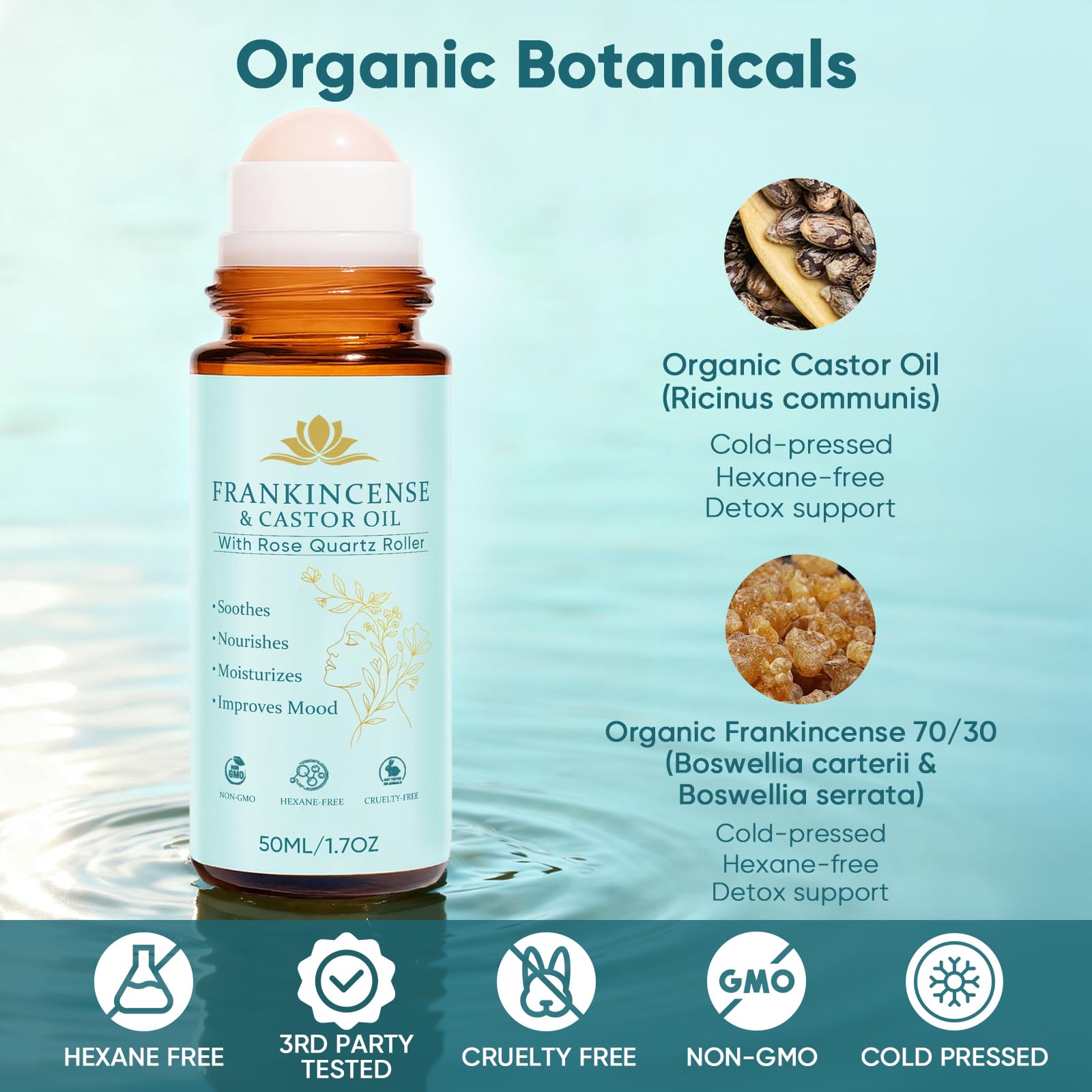 Fibosara Frankincense & Castor Oil Roll-On with Rose Quartz – Organic, Hydrating, Skin-Firming (50 ml)