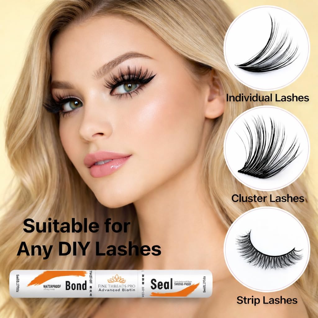 Fine Threads Pro 2 in 1 Biotin Bond and Seal Eyelash Glue for DIY Lash Extensions – Sensitive Eyes, Waterproof, Long Lasting 5ml + 5ml