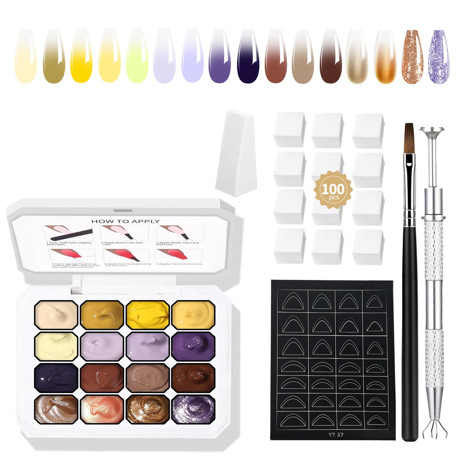 Finger Secret 16 Colors Ombre Gel Nail Polish Set | Gradient Pat Painting Kit + 100 Sponges