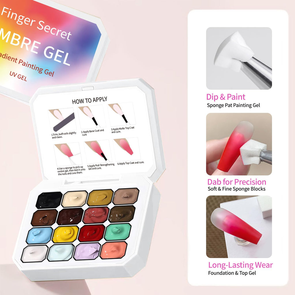 Finger Secret 16-Color Ombre Gel Nail Polish Kit – Gradient Blooming Palette with 100 Pcs Nail Sponges