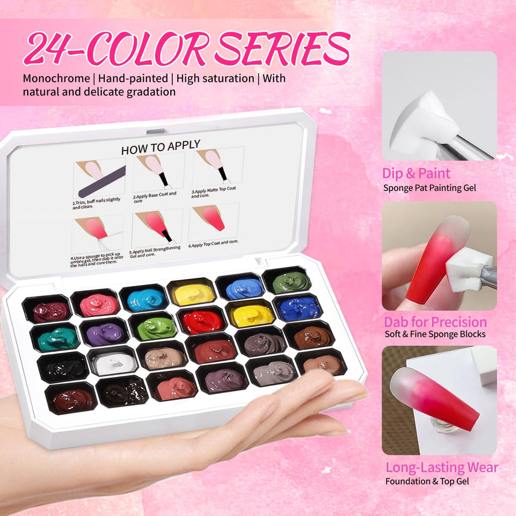 Finger Secret 24-Color Ombre Gel Nail Polish Set with 100 Sponges – Gradient Blooming Gel for Salon or Home