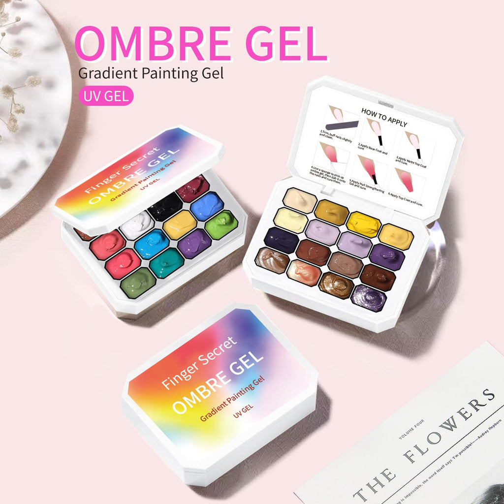 Finger Secret 16-Color Ombre Gel Nail Polish Kit – Gradient Blooming Palette with 100 Pcs Nail Sponges