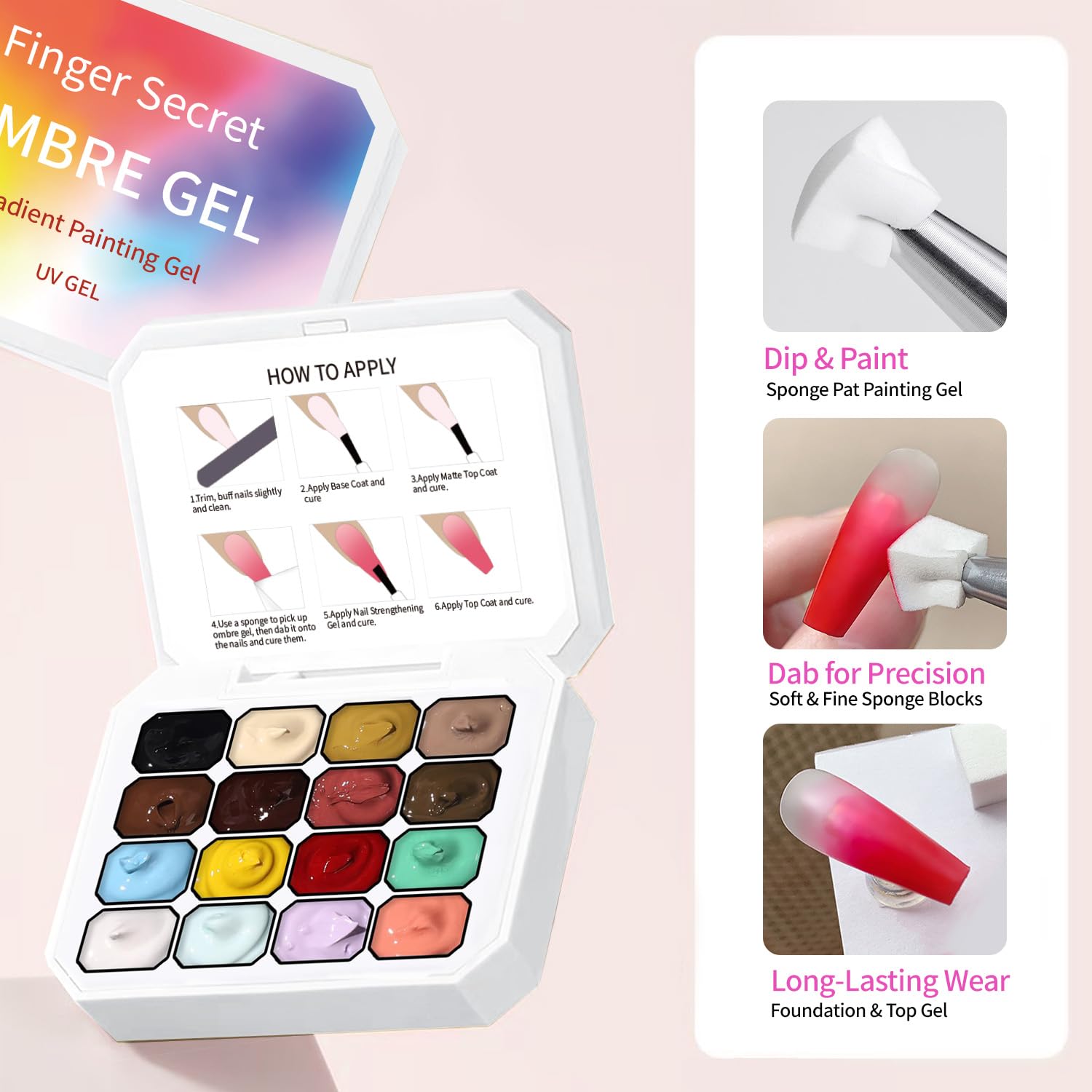 Finger Secret 16 Colors Ombre Gel Nail Polish Set | Gradient Pat Painting Kit + 100 Sponges