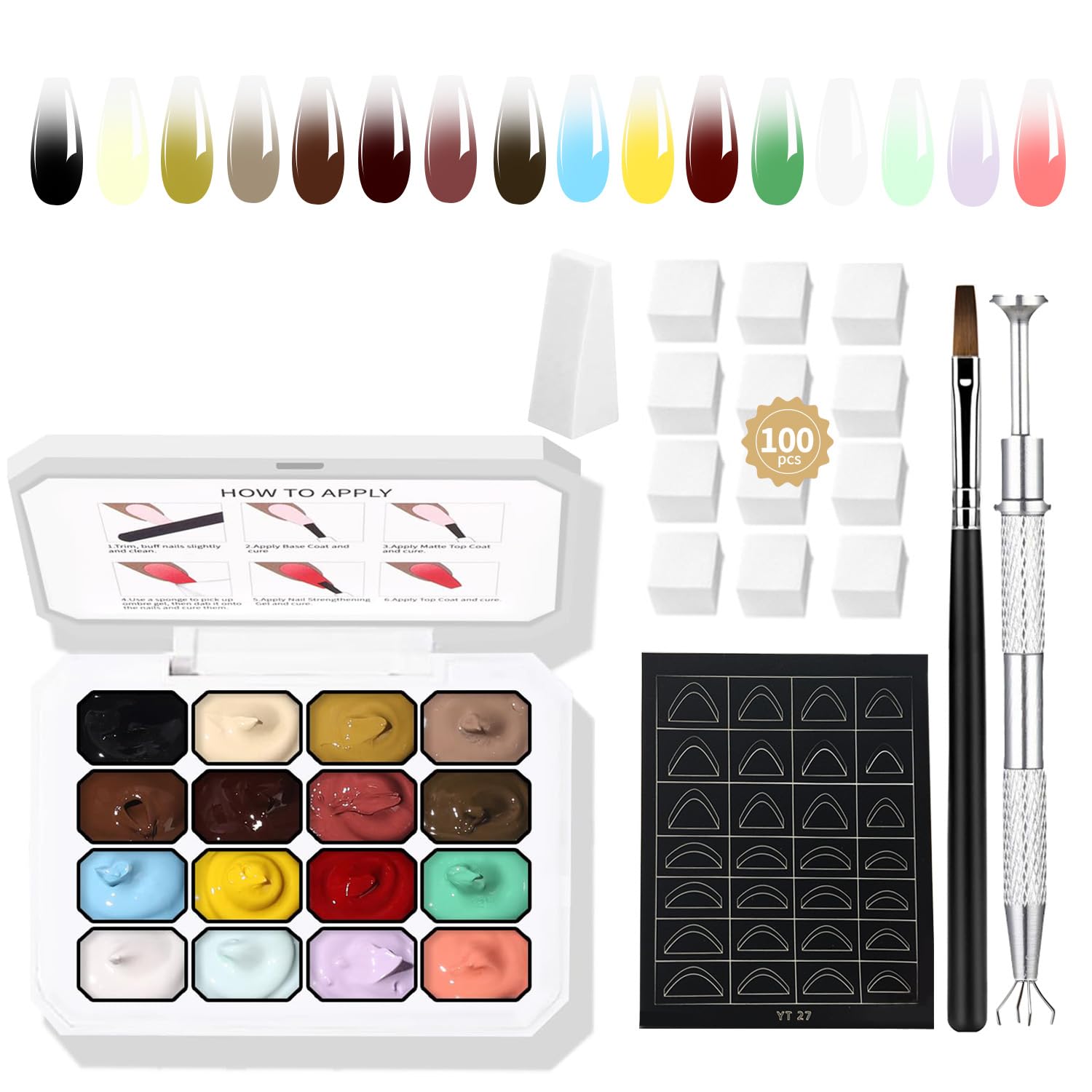 Finger Secret 16-Color Ombre Gel Nail Polish Kit – Gradient Blooming Palette with 100 Pcs Nail Sponges