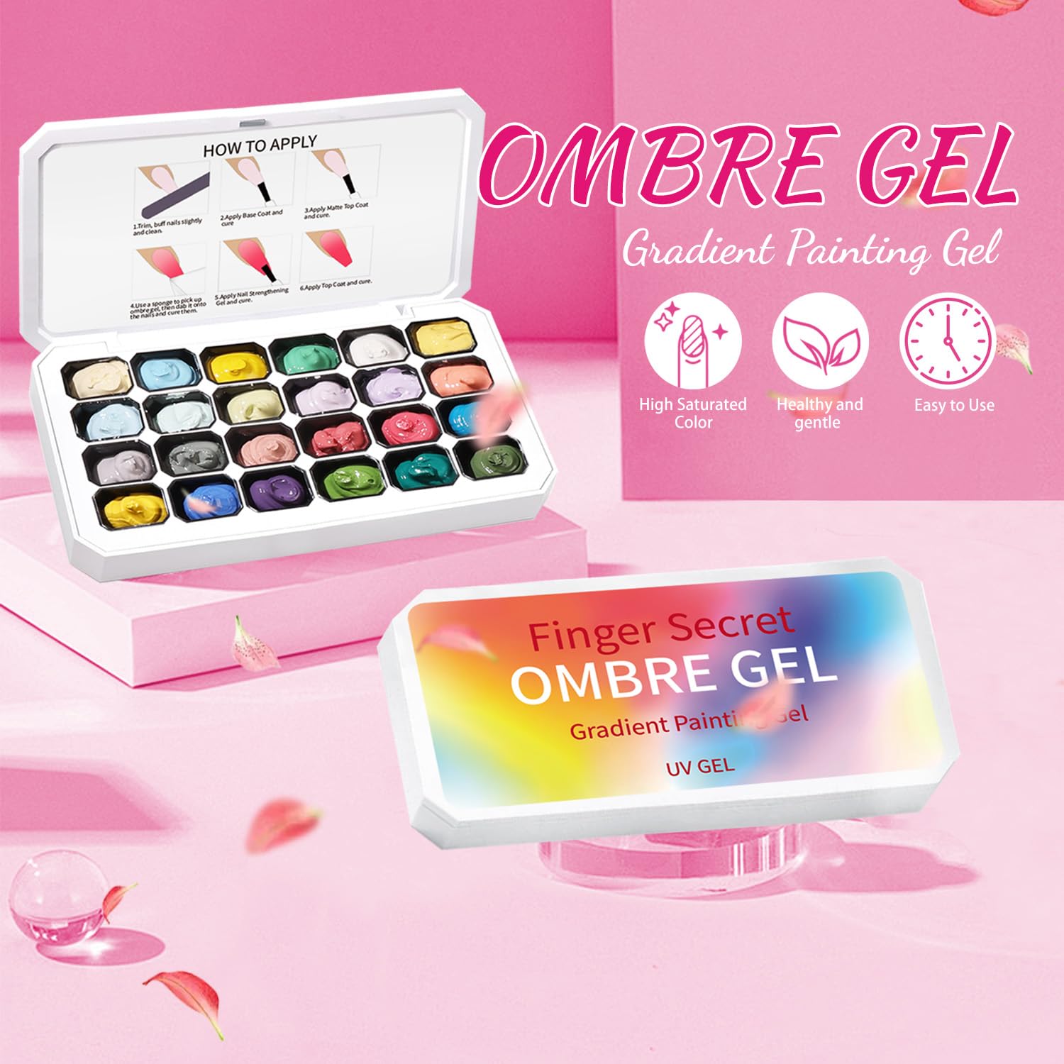 Finger Secret 24-Color Ombre Gel Nail Polish Set with 100 Sponges – Gradient Blooming Gel for Salon or Home