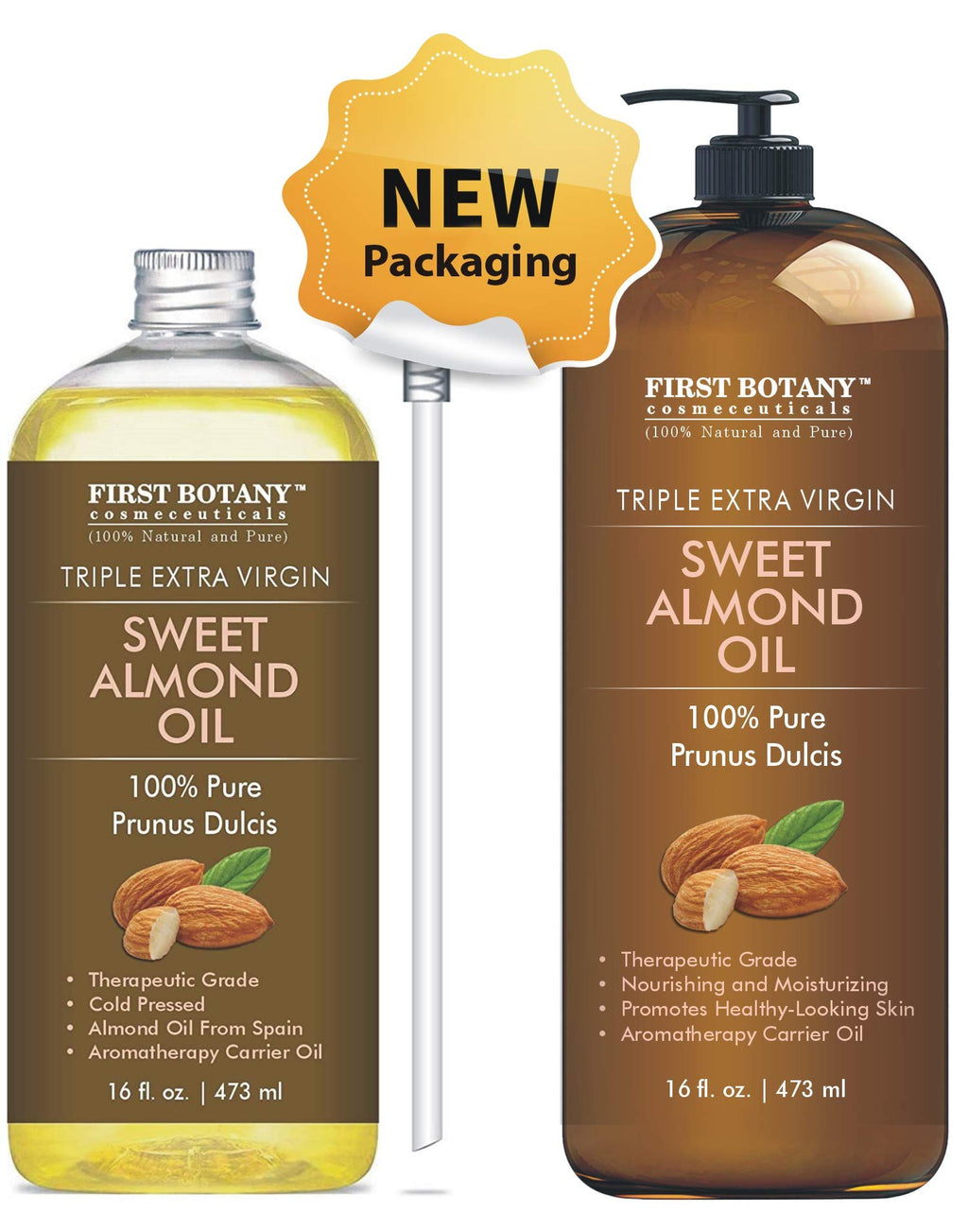 First Botany Cosmeceuticals Cold Pressed Sweet Almond Oil – 100% Pure & Natural, 16 oz Pump, For Hair, Skin & Face