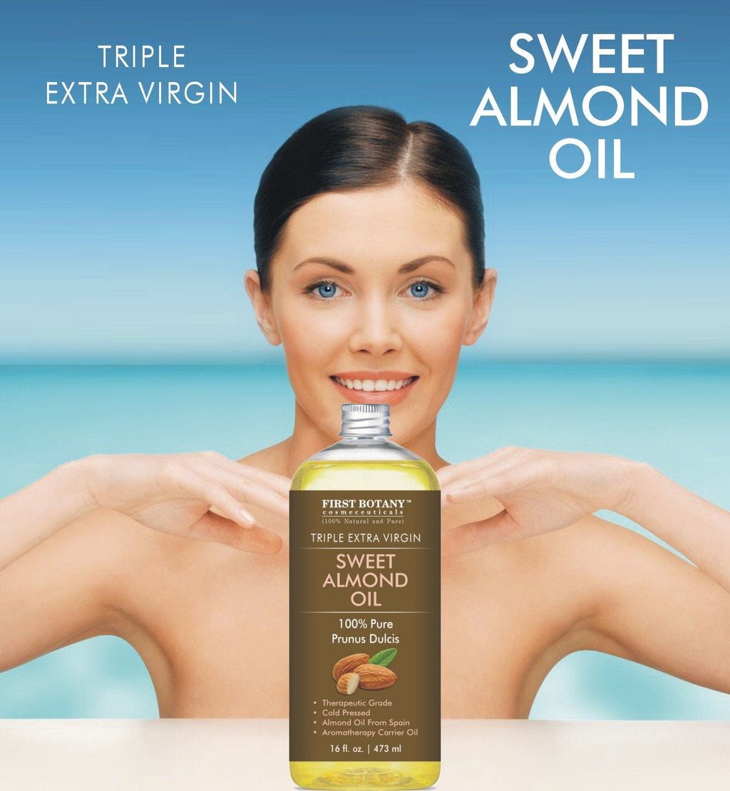 First Botany Cosmeceuticals Cold Pressed Sweet Almond Oil – 100% Pure & Natural, 16 oz Pump, For Hair, Skin & Face