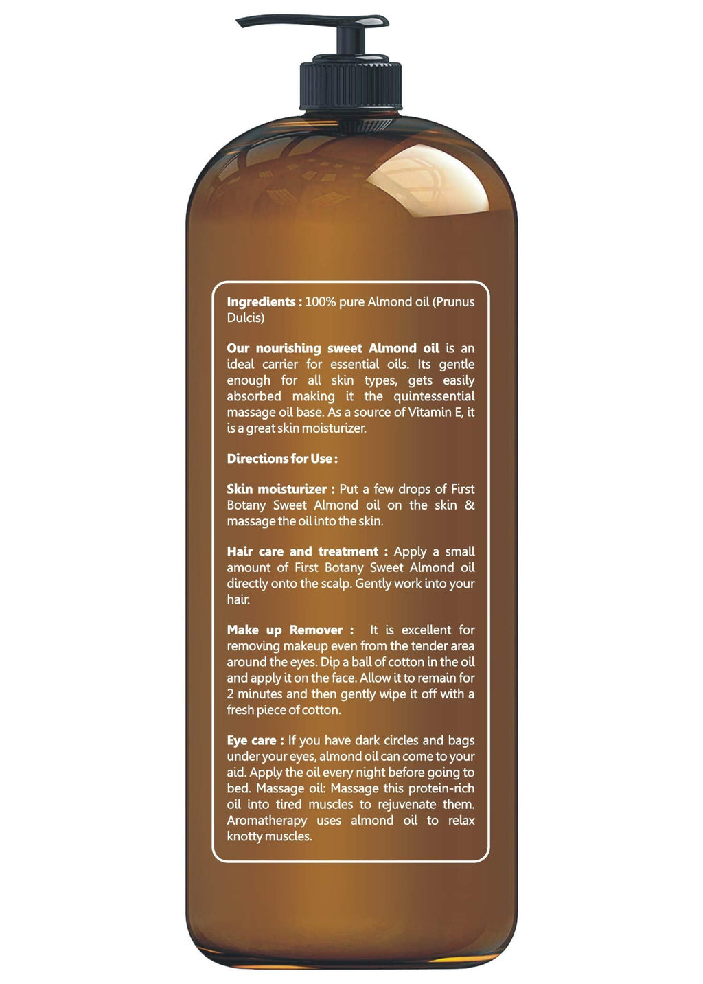 First Botany Cosmeceuticals Cold Pressed Sweet Almond Oil – 100% Pure & Natural, 16 oz Pump, For Hair, Skin & Face