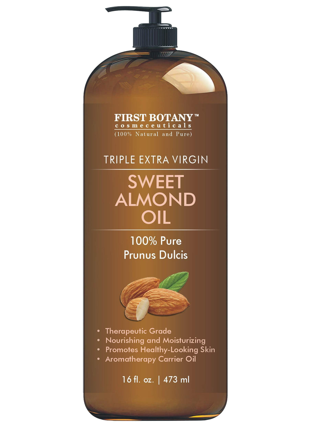 First Botany Cosmeceuticals Cold Pressed Sweet Almond Oil – 100% Pure & Natural, 16 oz Pump, For Hair, Skin & Face