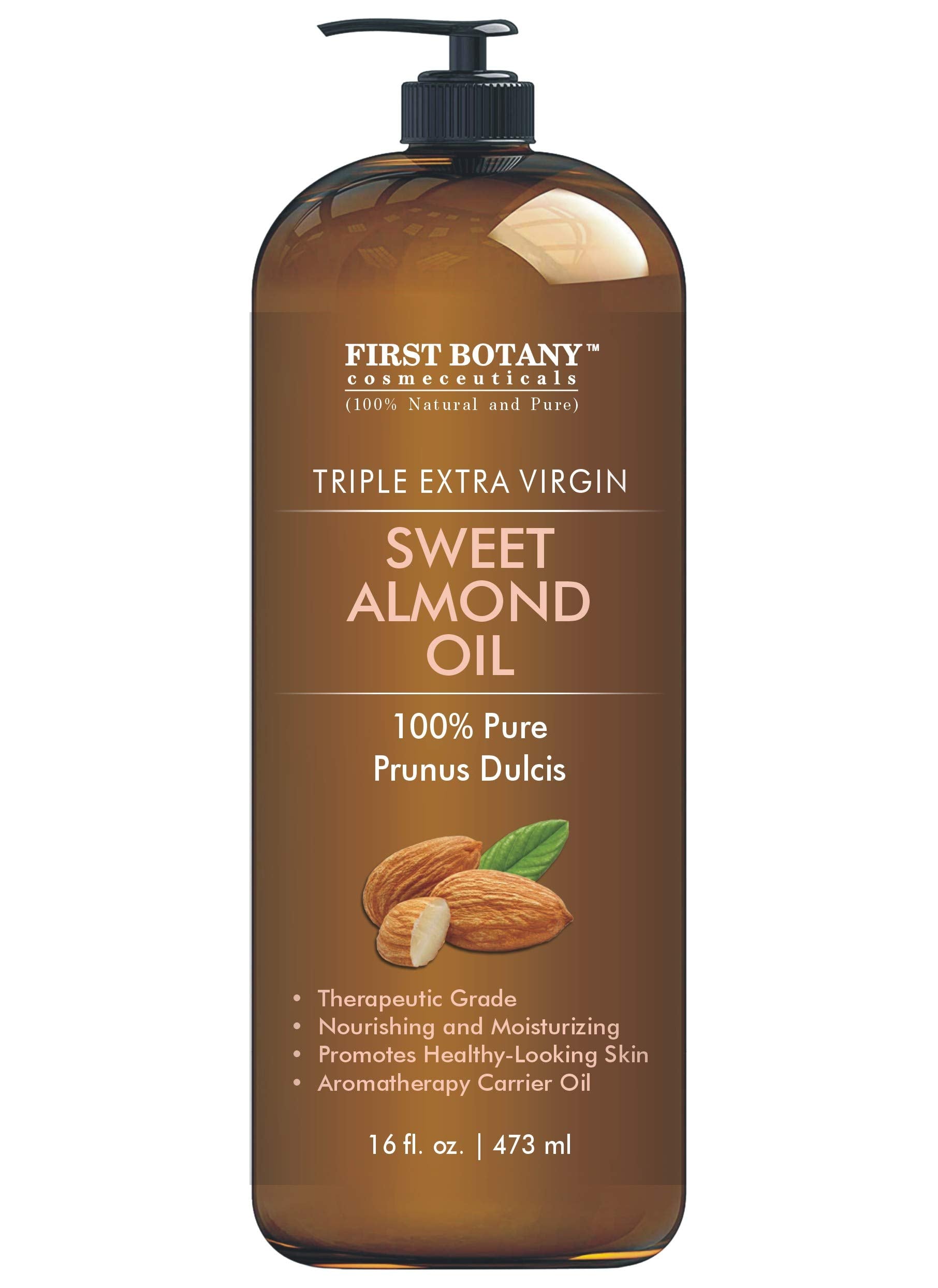 First Botany Cosmeceuticals Cold Pressed Sweet Almond Oil – 100% Pure & Natural, 16 oz Pump, For Hair, Skin & Face