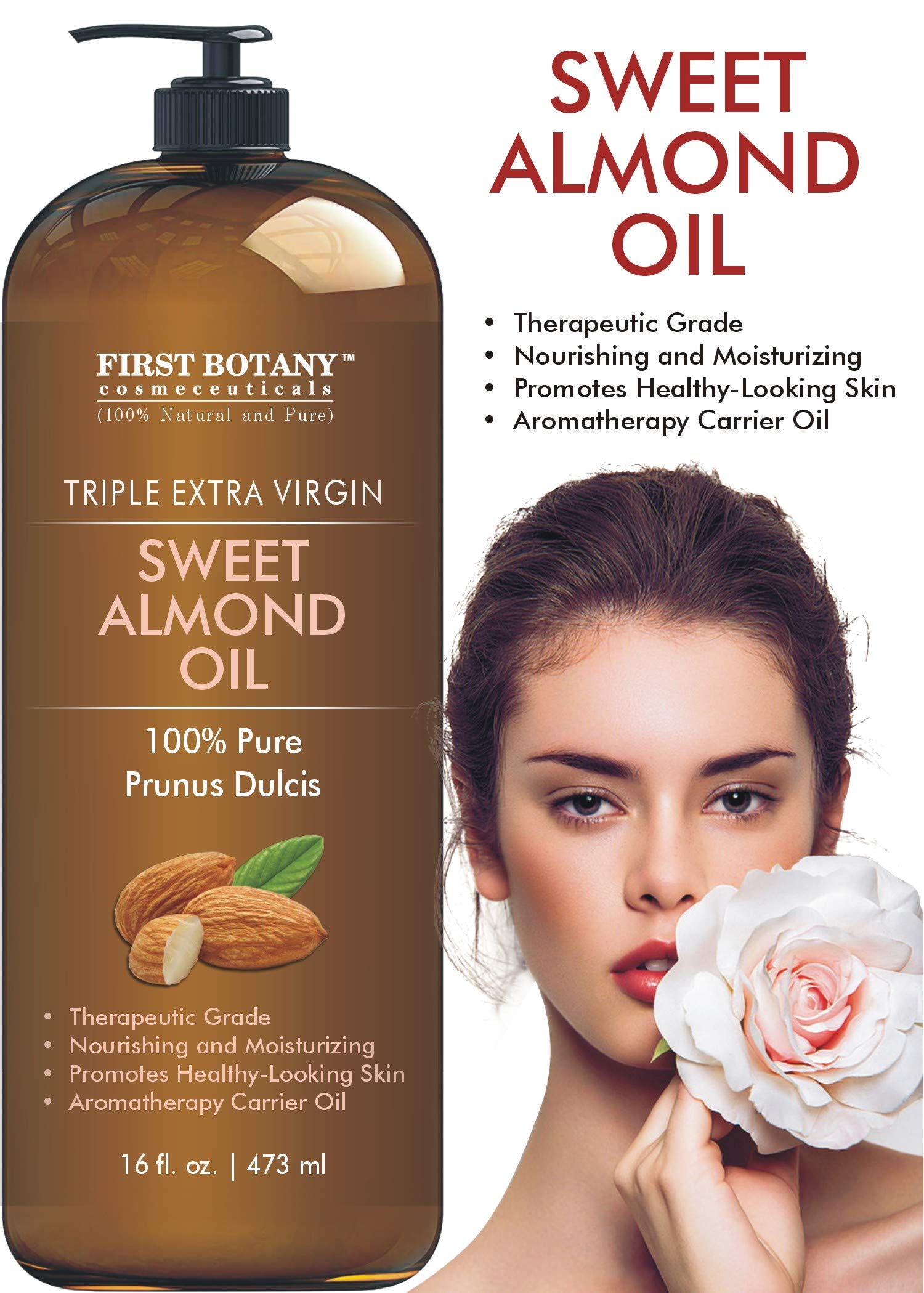 First Botany Cosmeceuticals Cold Pressed Sweet Almond Oil – 100% Pure & Natural, 16 oz Pump, For Hair, Skin & Face
