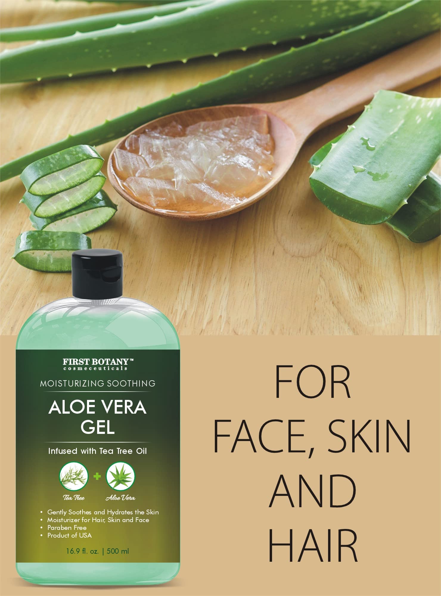 First Botany Aloe Vera Gel with Tea Tree Oil – 16.9 fl oz for Skin, Hair, Sunburn & More