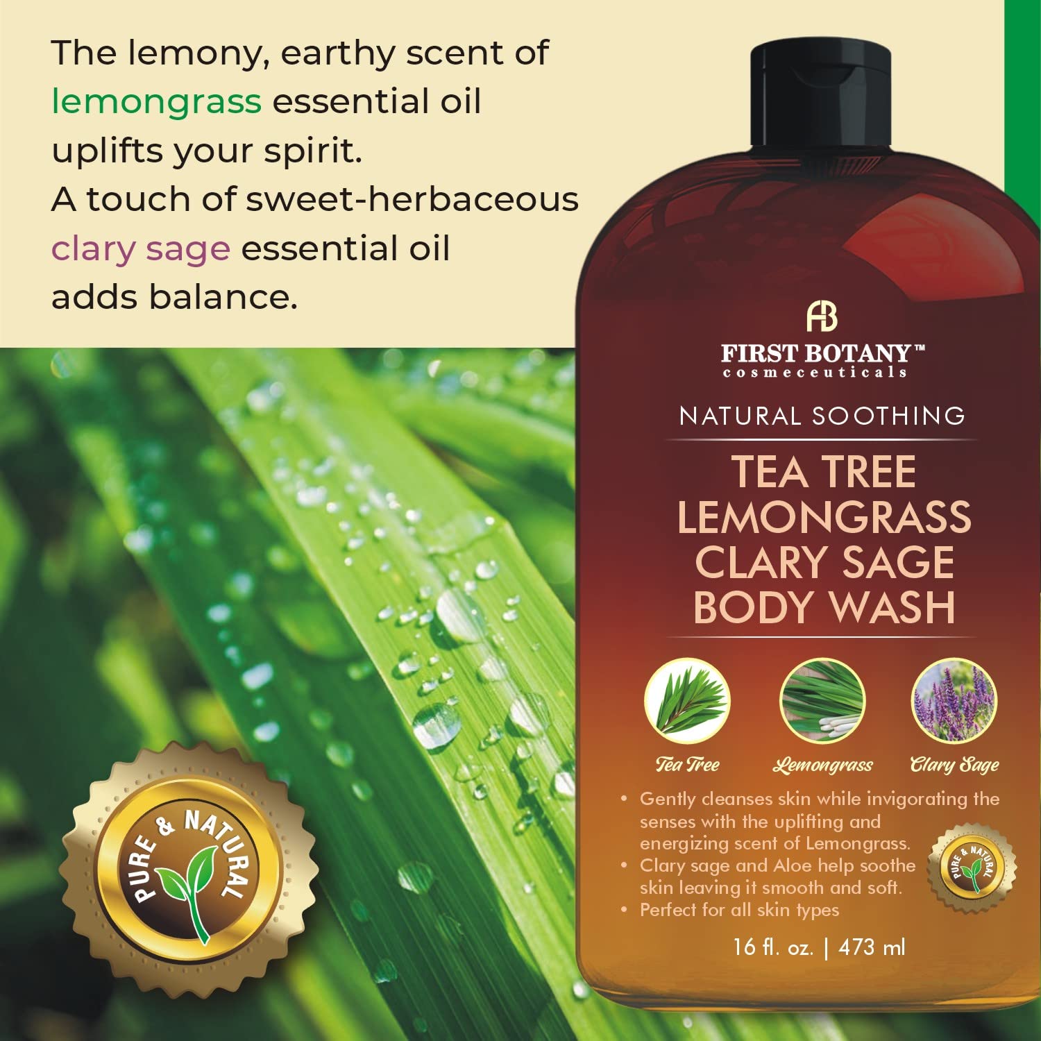 First Botany ALL Natural Body Wash – Tea Tree, Lemon Grass & Clary Sage – 16 fl oz