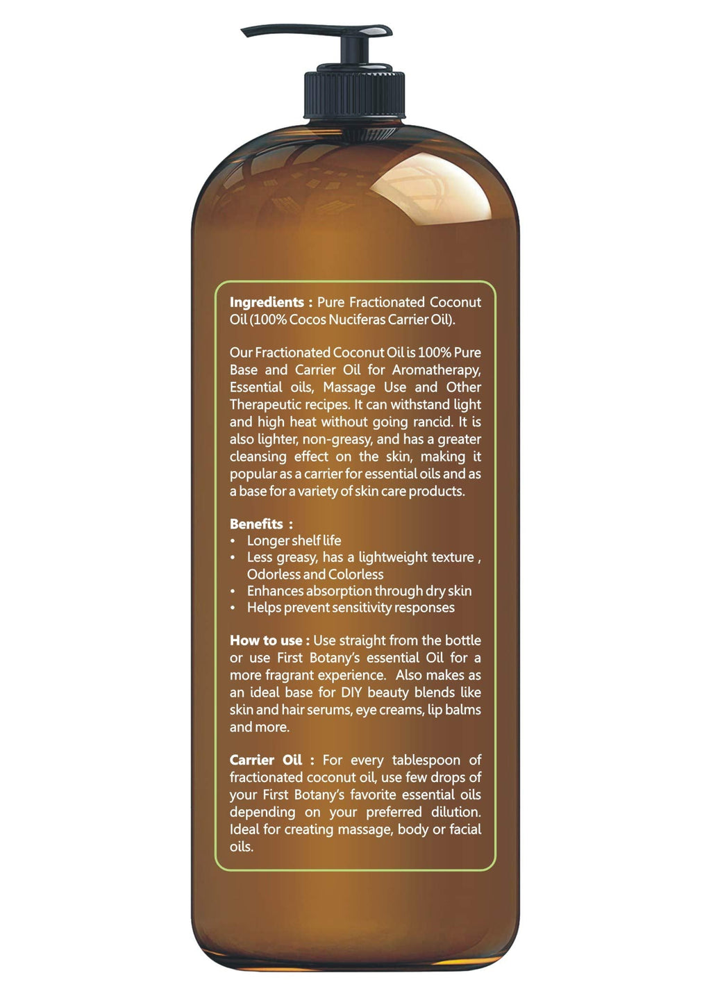 First Botany Fractionated Coconut Oil 16 oz – Pure MCT Carrier Oil for Hair, Skin & Aromatherapy