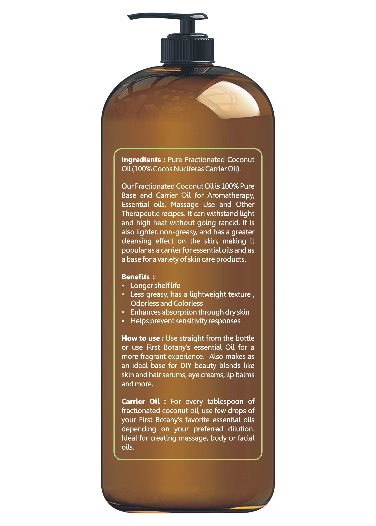 First Botany Fractionated Coconut Oil 16 oz – Pure MCT Carrier Oil for Hair, Skin & Aromatherapy