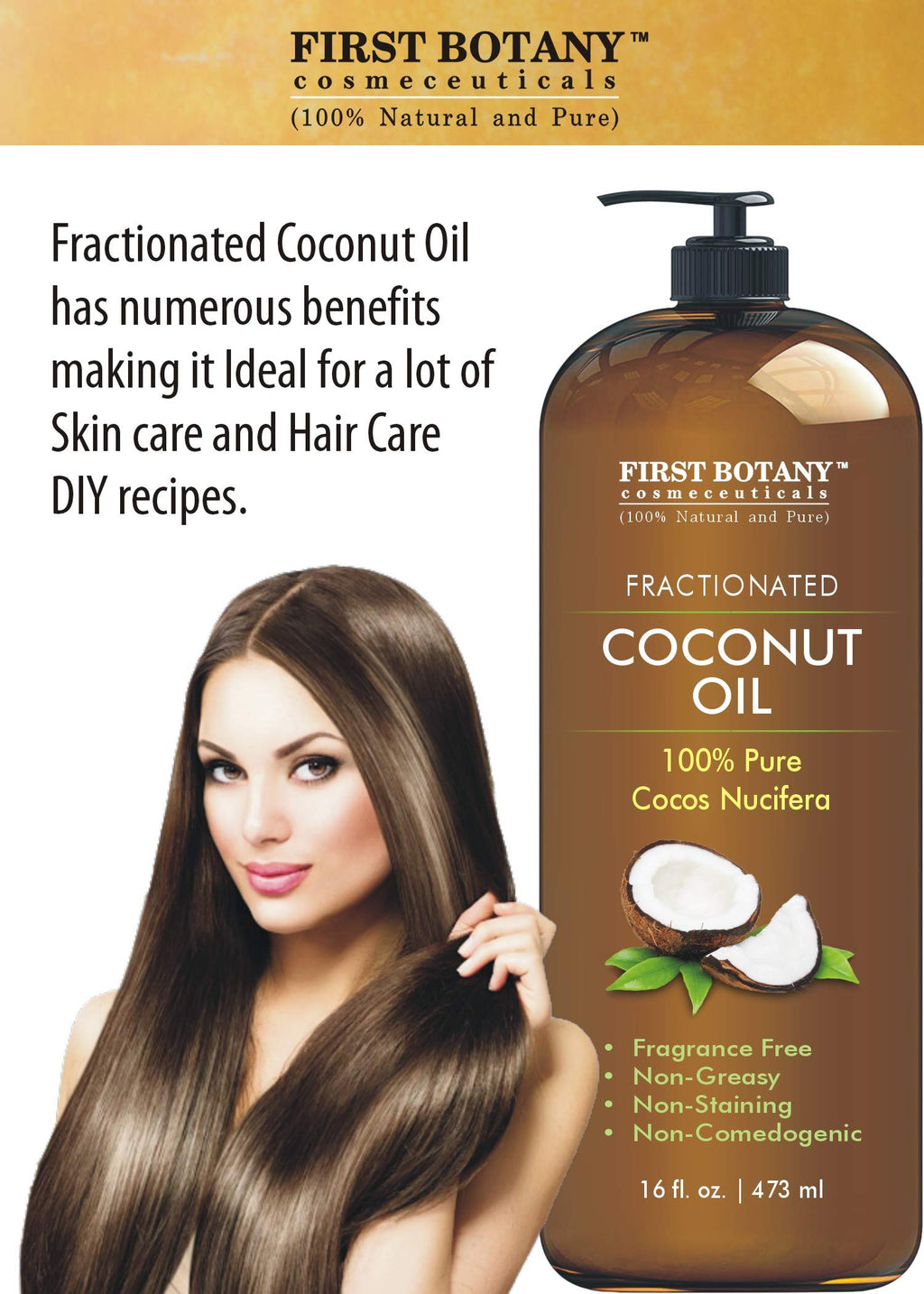 First Botany Fractionated Coconut Oil 16 oz – Pure MCT Carrier Oil for Hair, Skin & Aromatherapy
