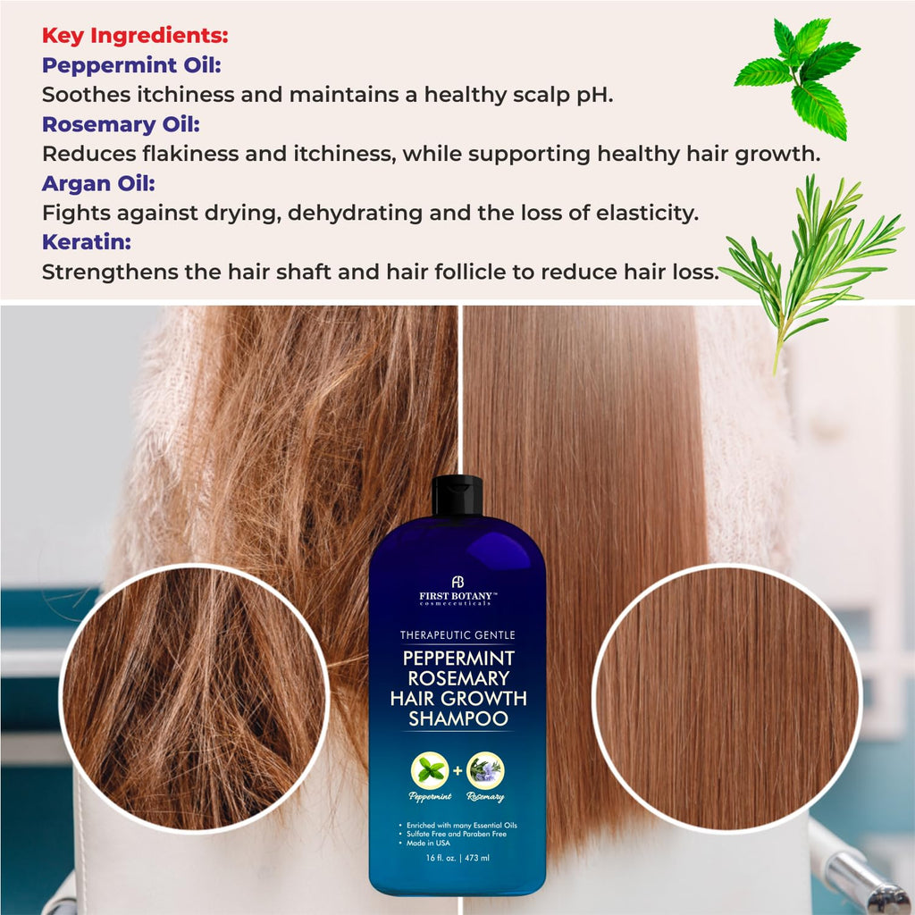First Botany Peppermint Rosemary Hair Regrowth Shampoo – Anti Hair Loss, Daily Hydration, Detoxifying, Dandruff Control (Pack of 2, 16 oz each)