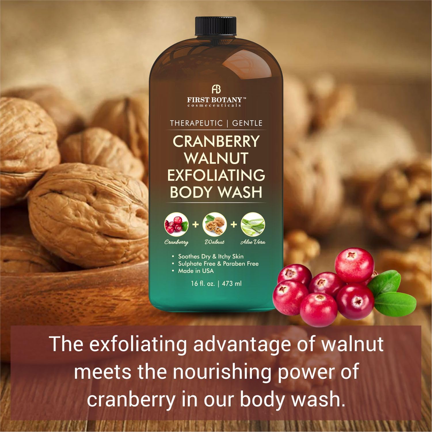 First Botany All Natural Body Wash – Cranberry Walnut, 16 oz | Fresh Scent & Skin Cleanser