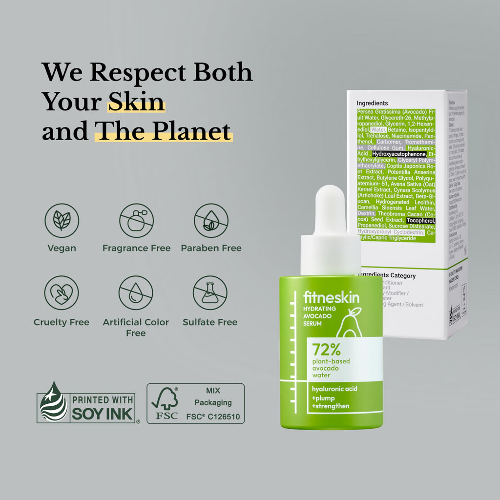 fitneskin Hydrating Avocado Serum — 72% Avocado Water, HA, Niacinamide, Fragrance-Free