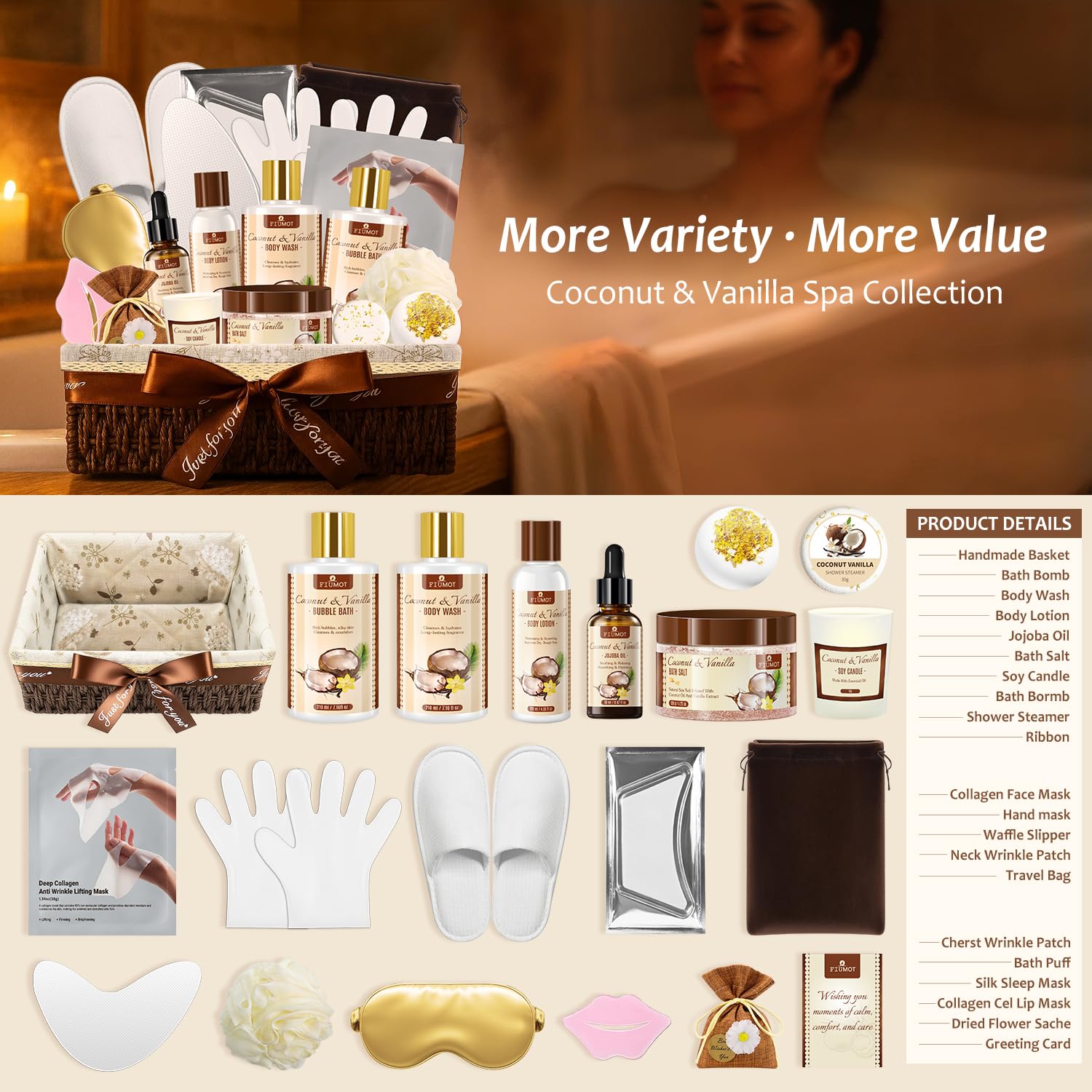 FIUMOT Valentines Day Gift Basket – 21-Piece Coconut Vanilla Spa Set for Women