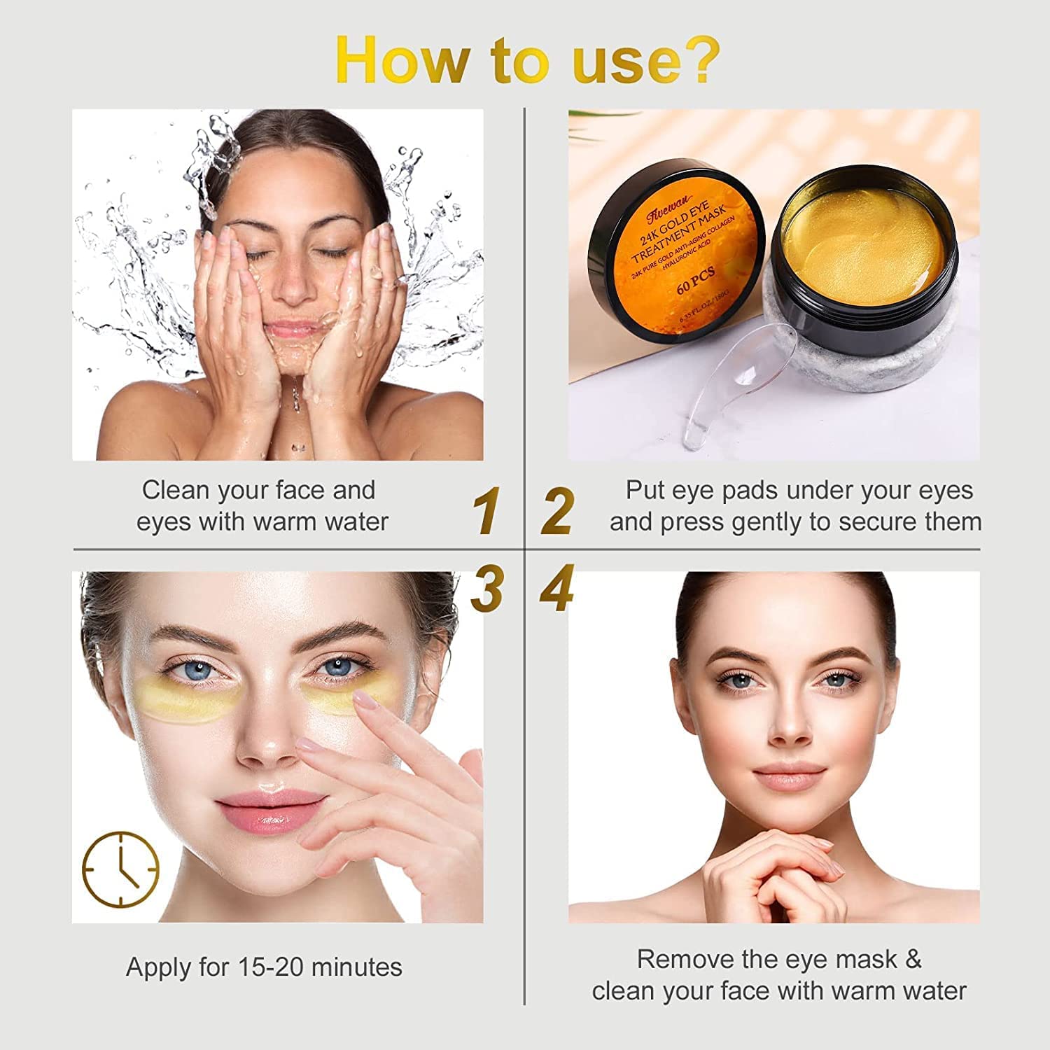 Fivewan 24k Gold Under Eye Patches – 120 Pcs Collagen & Hyaluronic Acid Eye Masks