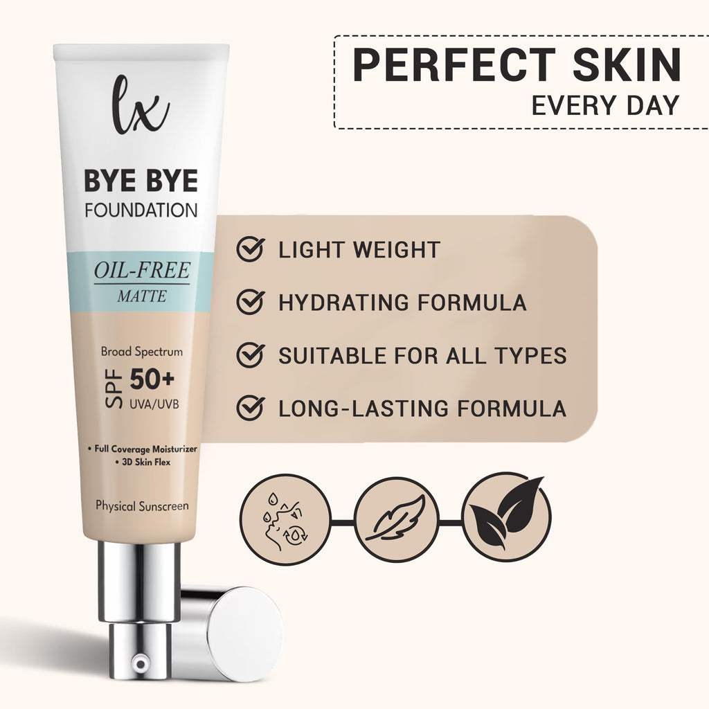 Flawless Radiance by Luxe Blend Lx Blend Bye Bye Foundation – Oil-Free Matte Coverage Moisturizer SPF 50 (Medium) 1 fl oz