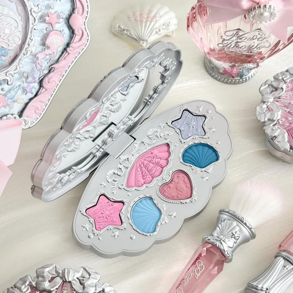Flower Knows Shell's Jewel 6-Color Palette – Mermaid's Tears Aquatic Pastel, 4 Matte + 2 Shimmer