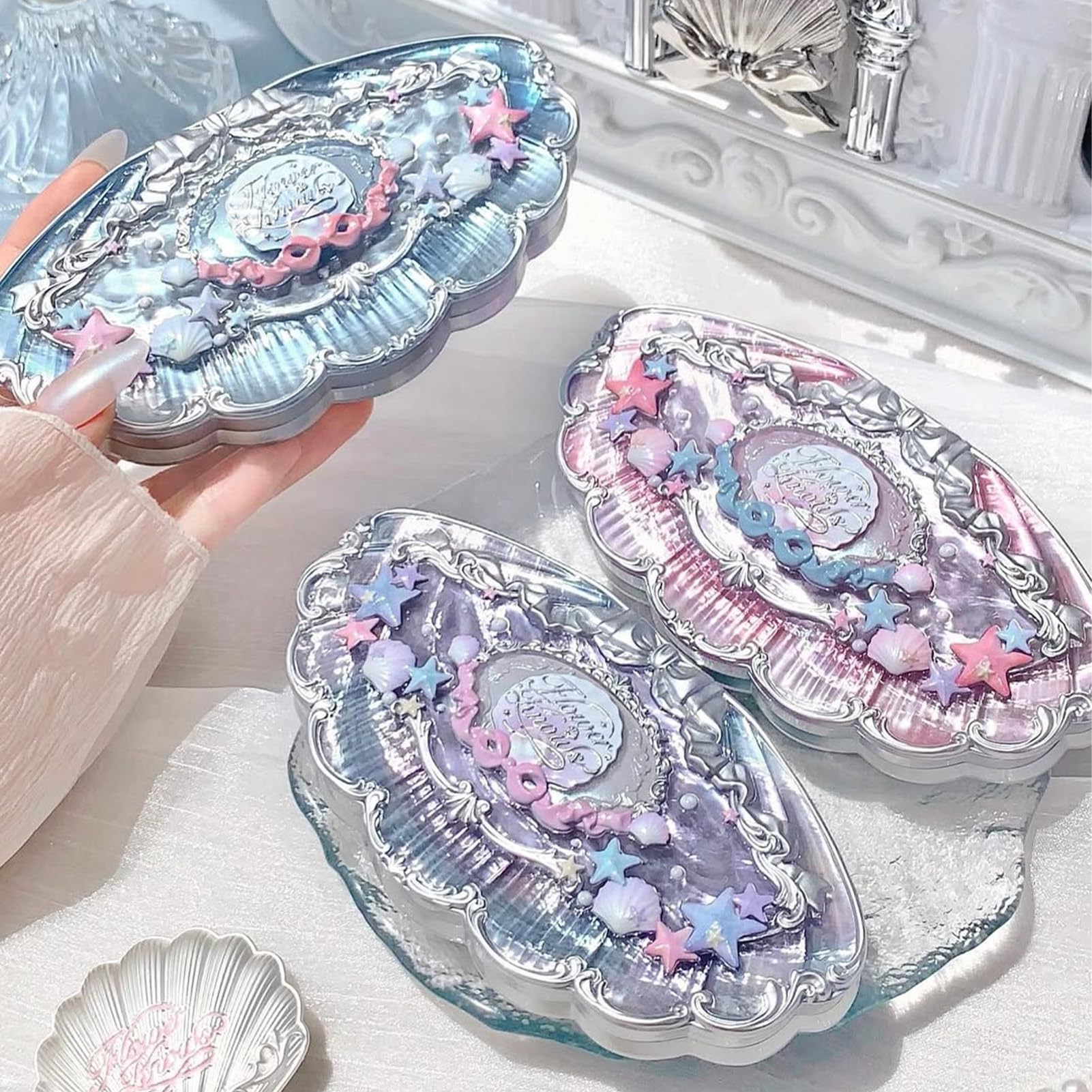 Flower Knows Shell's Jewel 6-Color Palette – Mermaid's Tears Aquatic Pastel, 4 Matte + 2 Shimmer