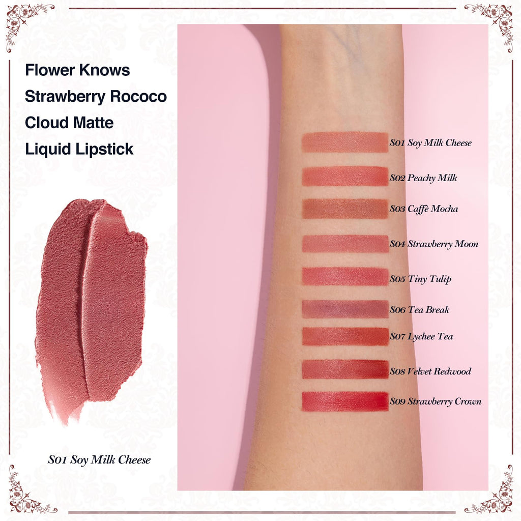 Flower Knows Strawberry Rococo Cloud Lip Cream | Long-Lasting Velvet Matte Lipstick, Hydrating Lip Stain, Transfer-Proof
