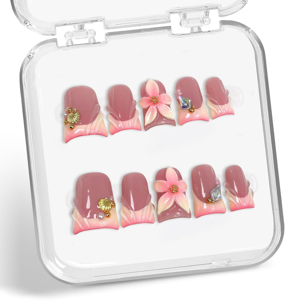 10 Pcs Flower Press On Nails – Handmade Duck Golden Shell Designs & Gradient French Tip