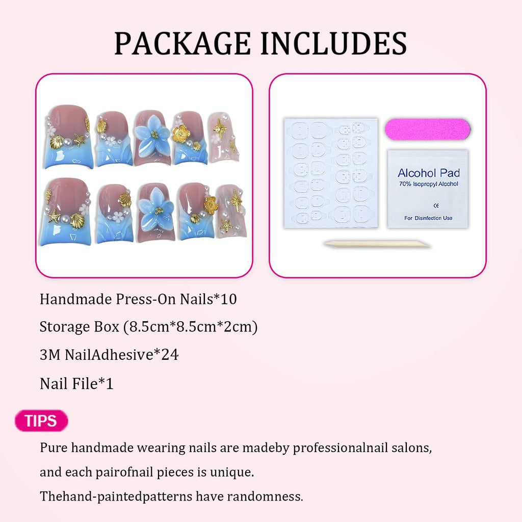 Flower Press on Nails Short Duck – Blue-White Gradient French Tip with 3D Flower, Starfish & Pearl (10pcs)