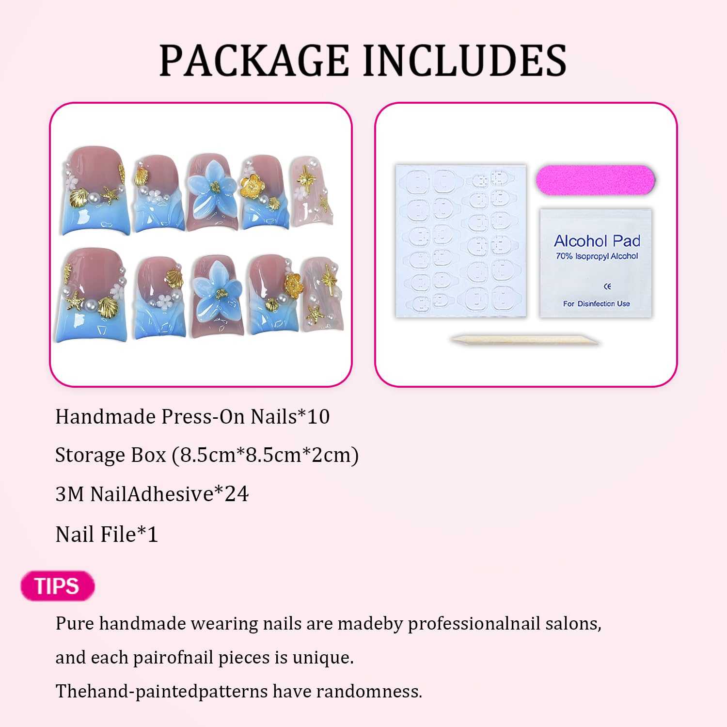 Flower Press on Nails Short Duck – Blue White Gradient French Tip with 3D Golden Flower & Pearl