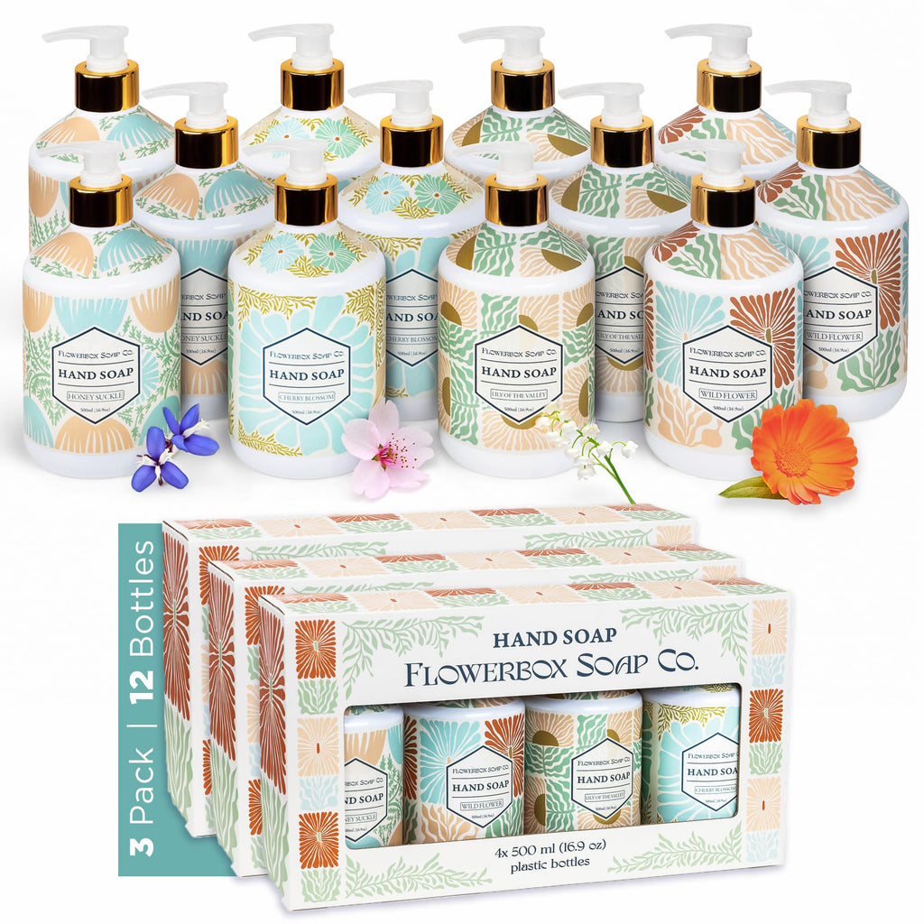 FlowerBox Liquid Hand Soap Set of 12 – 500 mL Decorative Pump Bottles, Four Scents Gift Pack